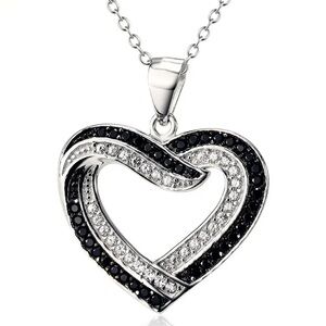 Silver Black Heart Pendant Necklace, Cubic Zirconia Heart Necklace, Valentines